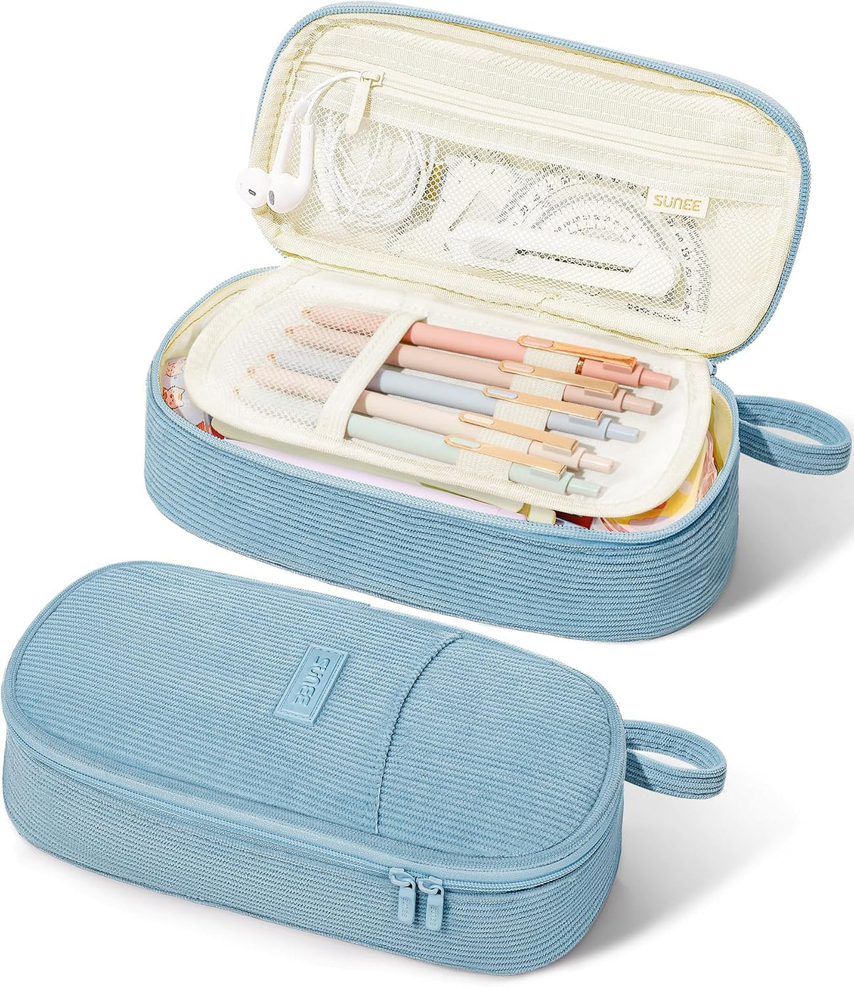 SUNEE Cute Pencil Case, Aesthetic Pen Pouch, Colored Large Pencil Bag with Zipper, Kawaii Stationery Storage and Organizer, School Supplies for Teen and Adult Girls, Blue